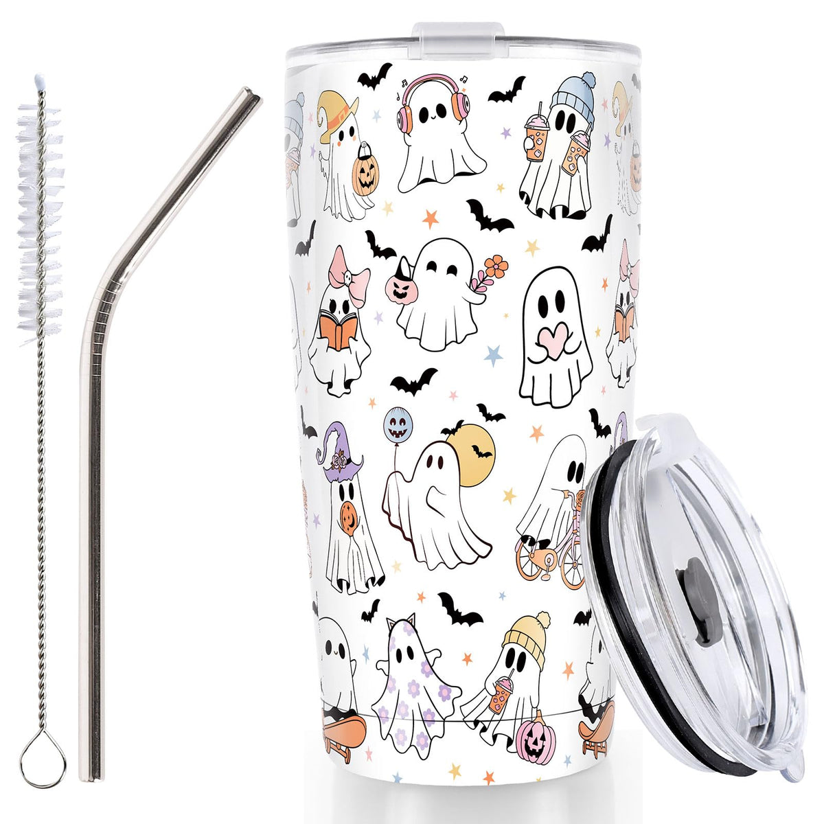 Whaline Halloween Ghost Tumbler 20oz Stainless Steel Travel Tumbler with Lid Straw Brush Cute Ghost Bat Coffee Mug Cup Halloween Boo Spooky Gifts for Women Travel Birthday Horror Gift