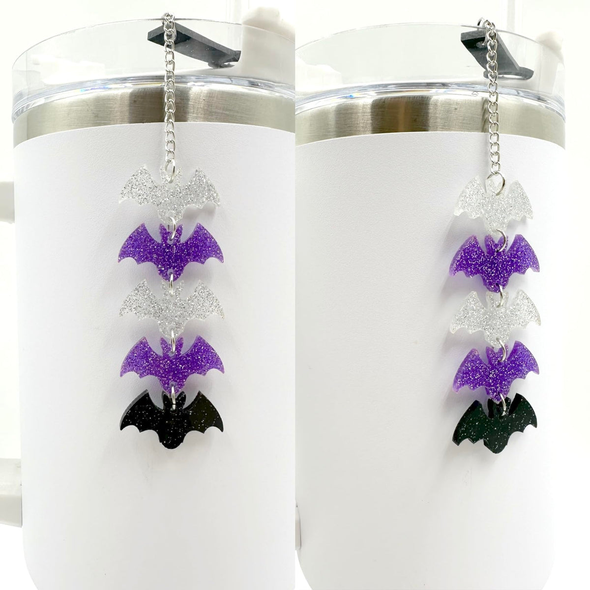 Purple Tumbler Ornament – Glitter Bat Cup Chain for Stanley 30oz 40oz, Gothic Straw Decoration, Cute Water Bottle Accessories for Iced Coffee Cups