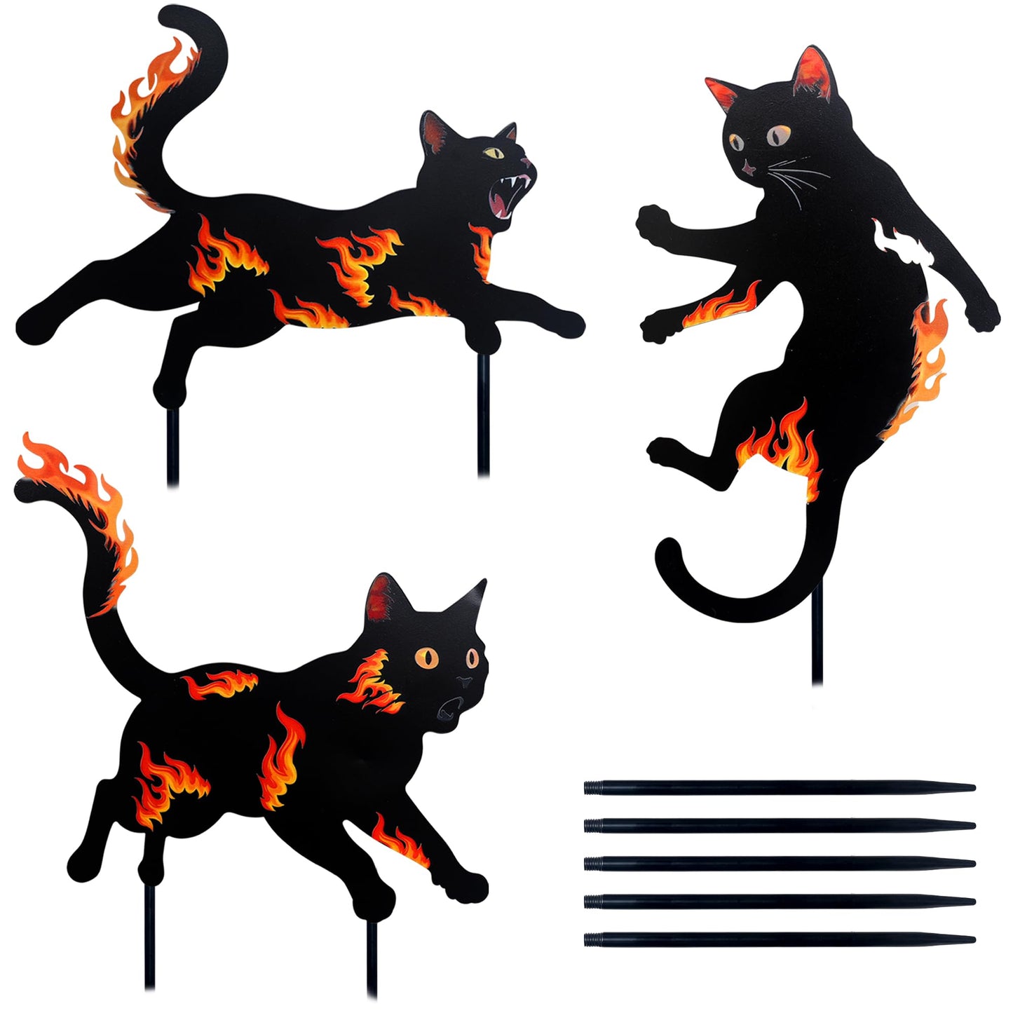 3 Pack Metal Black Cat Statues with Flame Design -Black Cat Decor Yard Signs with Stakes, Rustproof Halloween Yard Decor, Outdoor Garden Stakes for Haunted House, Lawn, and Everyday Decor (3)