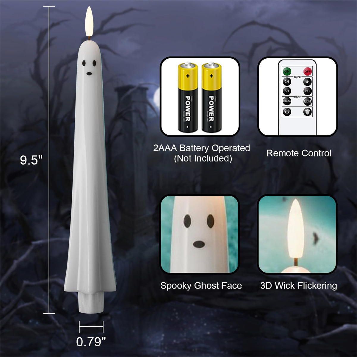 DRomance Halloween Ghost Flameless Taper Candles Flickering Battery Operated with Remote and Timer 3D Wick White Real Wax LED Taper Candles Halloween Dinner Decoration Indoor(2 Pack, 0.79"D x 9.5"H)