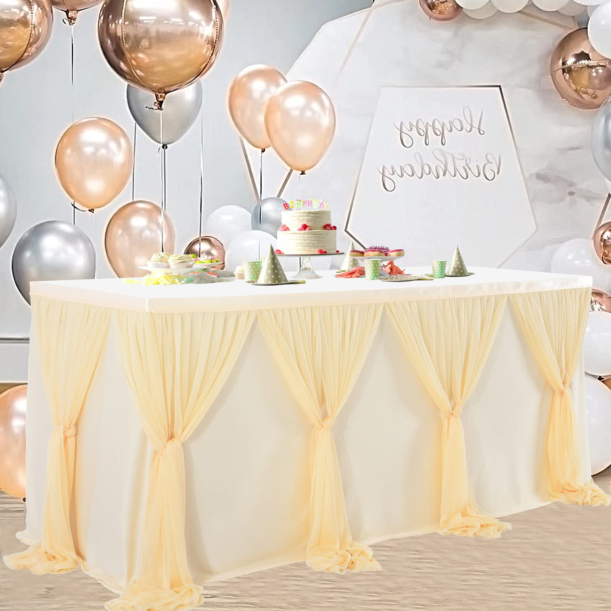 6ft Champagne Table Skirt for Rectangle Tables or Round Tables Champagne Tutu Tulle Table Skirt Cloth for Wedding Baby Shower Birthday Party Dessert Buffet Banquet Decorations