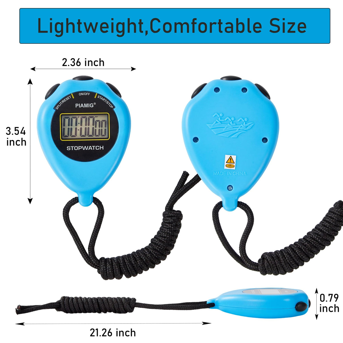 PIAMIG Simple Stopwatch Sport Timer Only Stopwatch Mode, 2 Pack Large Display Digital Stopwatch Timer with On/Off Function, No Alarm Silent Digital Stop Watch for Sports Kids Coaches (Blue)