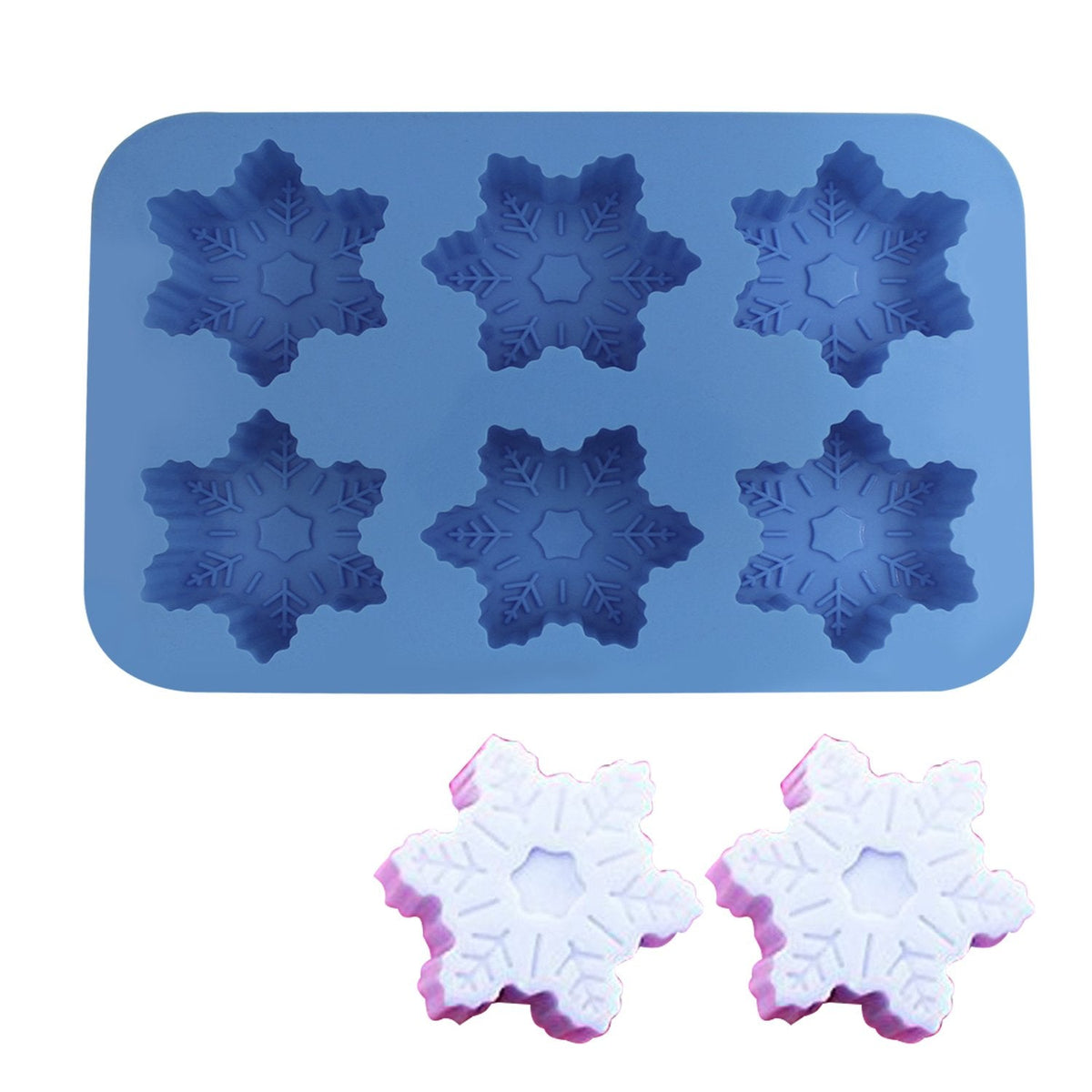 Silicone Snowflake Molds, FineGood 2 Pack Cake Pans Cookie Trays Handmade Soap Making Moulds, Also for Chocolate Pudding Jelly Muffin Cups Kitchen Baking Decoration, 6-Cavity - Blue, Purple
