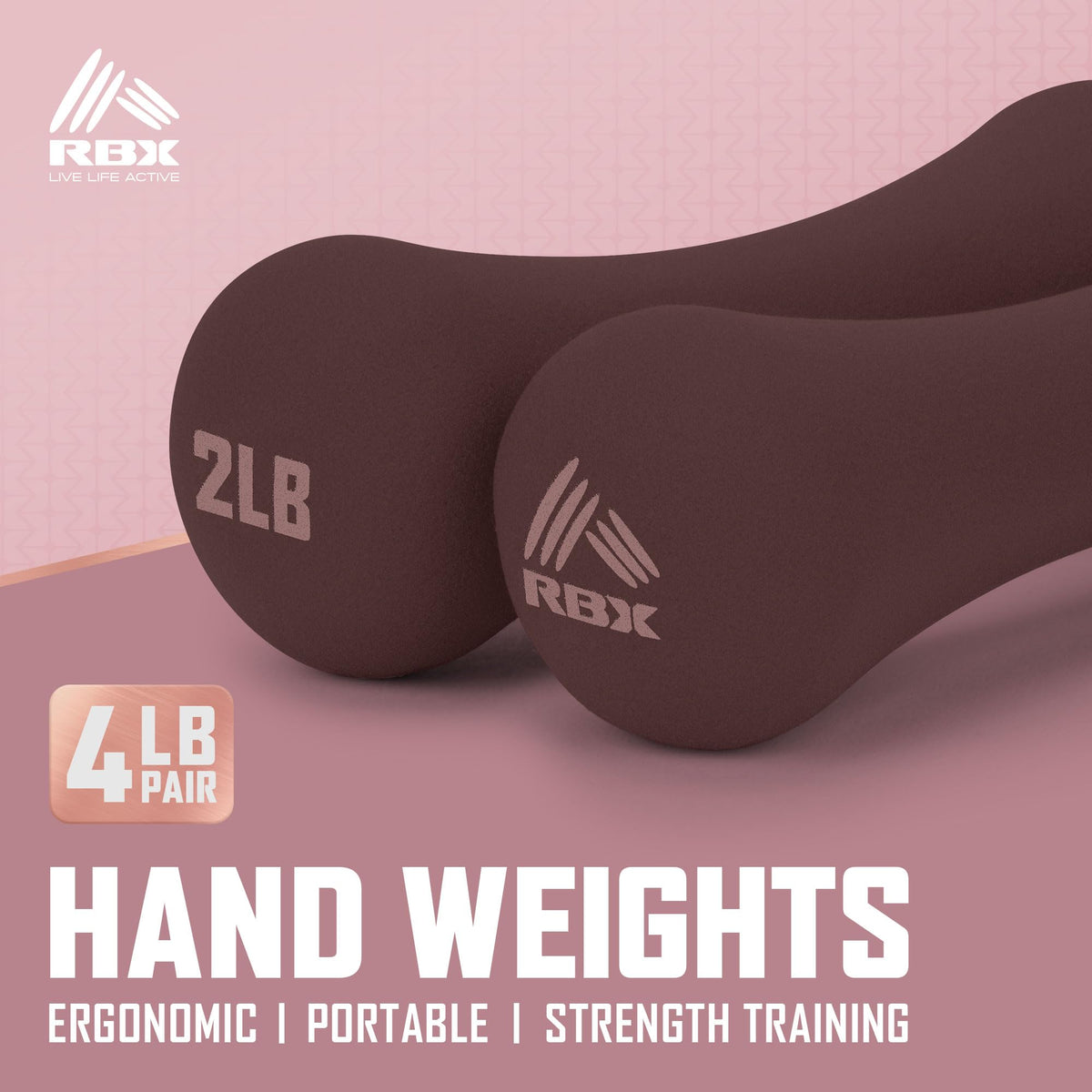 RBX Hand Weights, Neoprene Hand Weights for Home Workouts, Cardio & Strength Training, Home Gym Equipment (Brown, 4LB (2lb each))