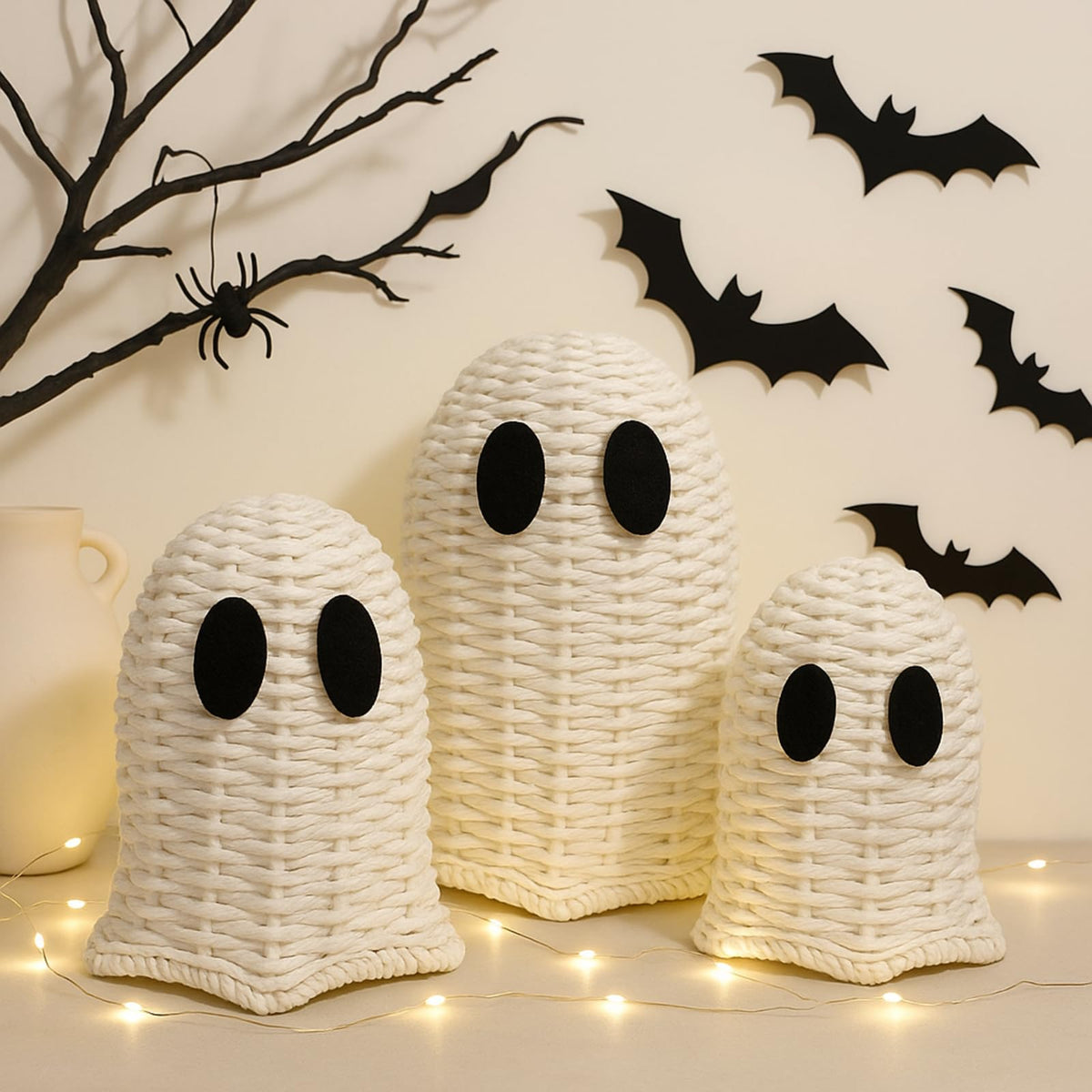 Geelin White 3 Pcs Halloween Rattan Wicker Ghosts Decoration Cute Farmhouse Ghost Figurines for Table Tray Shelf Desk Tiered Tray Centerpieces Indoor Tabletop Halloween Decor
