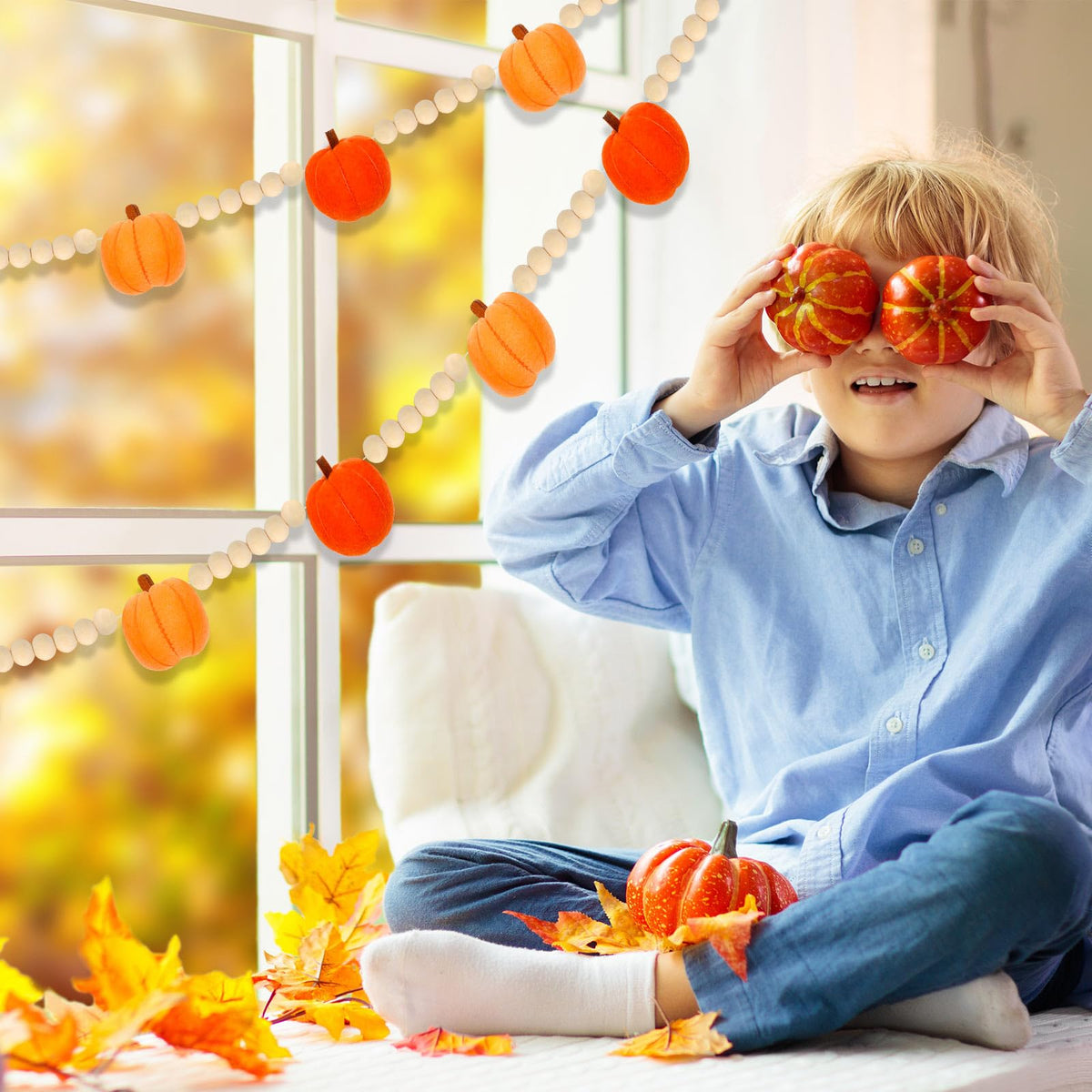 JarThenaAMCS Fall Felt Pumpkin Garland 8.2FT Wood Bead Garland with 3D Pumpkin Autumn Hanging Banner for Thanksgiving Home Wall Fireplace Decor