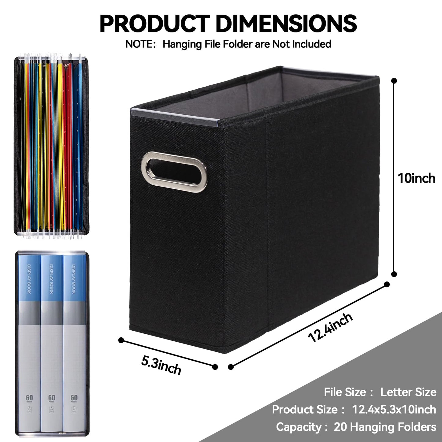 ComfortKeeper 4 Packs Letter Size File Organizer, File Folders Organizer, Fabric Storage Box, Collapsible Paper Organizer with Metal Handle, Smooth PVC Rails, Only Box (Black)