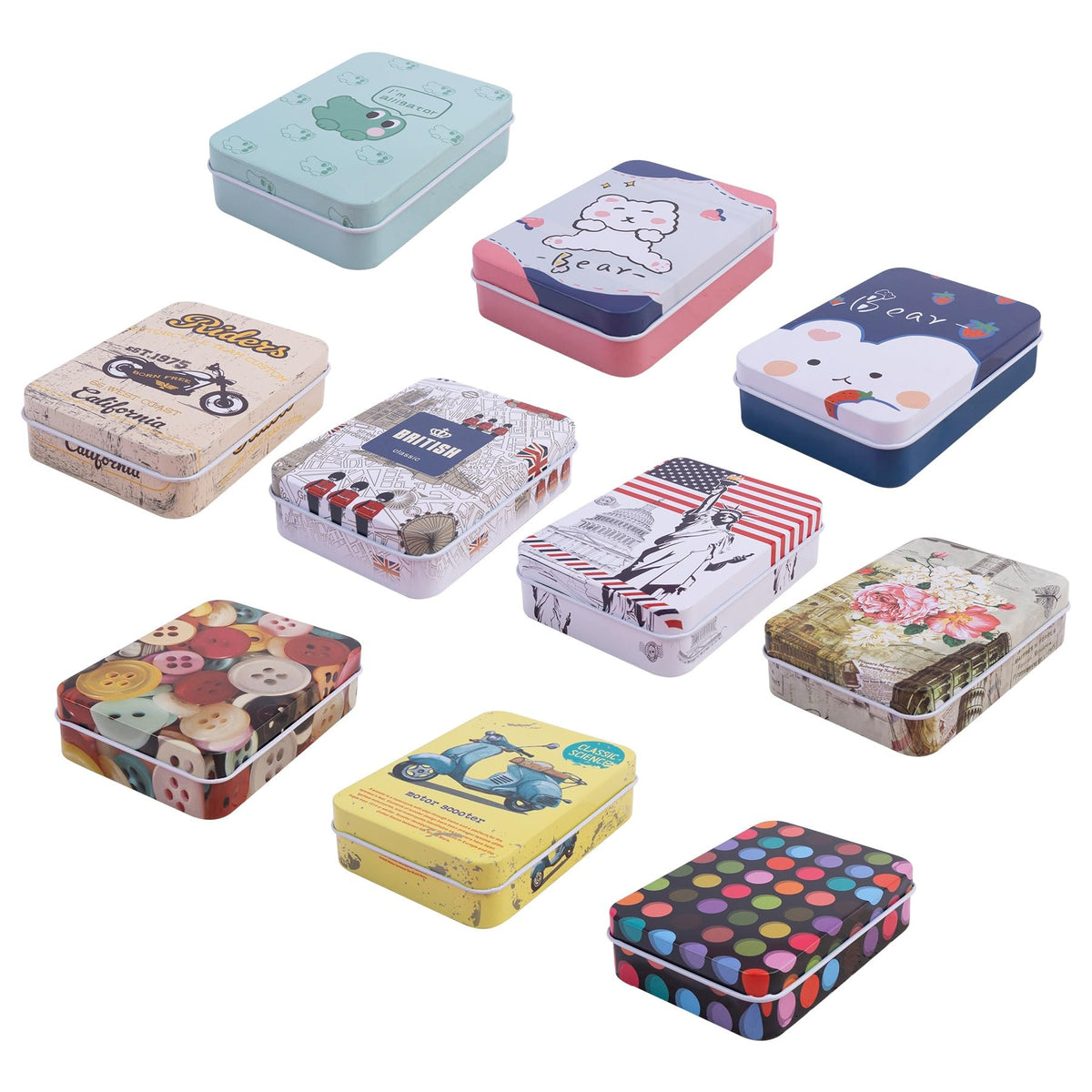 Framendino, 10 Pack Metal Tin Empty Trinket Jewelry Coin Boxes with Lid 10 Styles