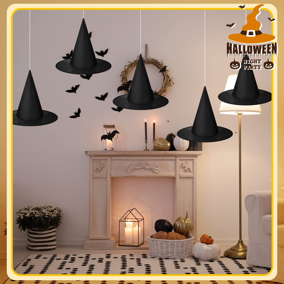SATINIOR 12 Pcs Halloween Witch Hat Hanging Decor Floating Witch Hat with Rope Accessory and Transparent Seamless Hooks (Classic)