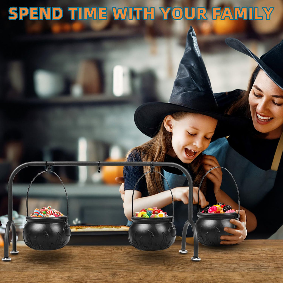 Kendane Easter Decorations Indoor,Set of 3 Witches Cauldron Candy Serving Bowls on Rack, Party Decorations,Black Plastic Candy Cauldron for Table Decor,Easter Candy for Kids