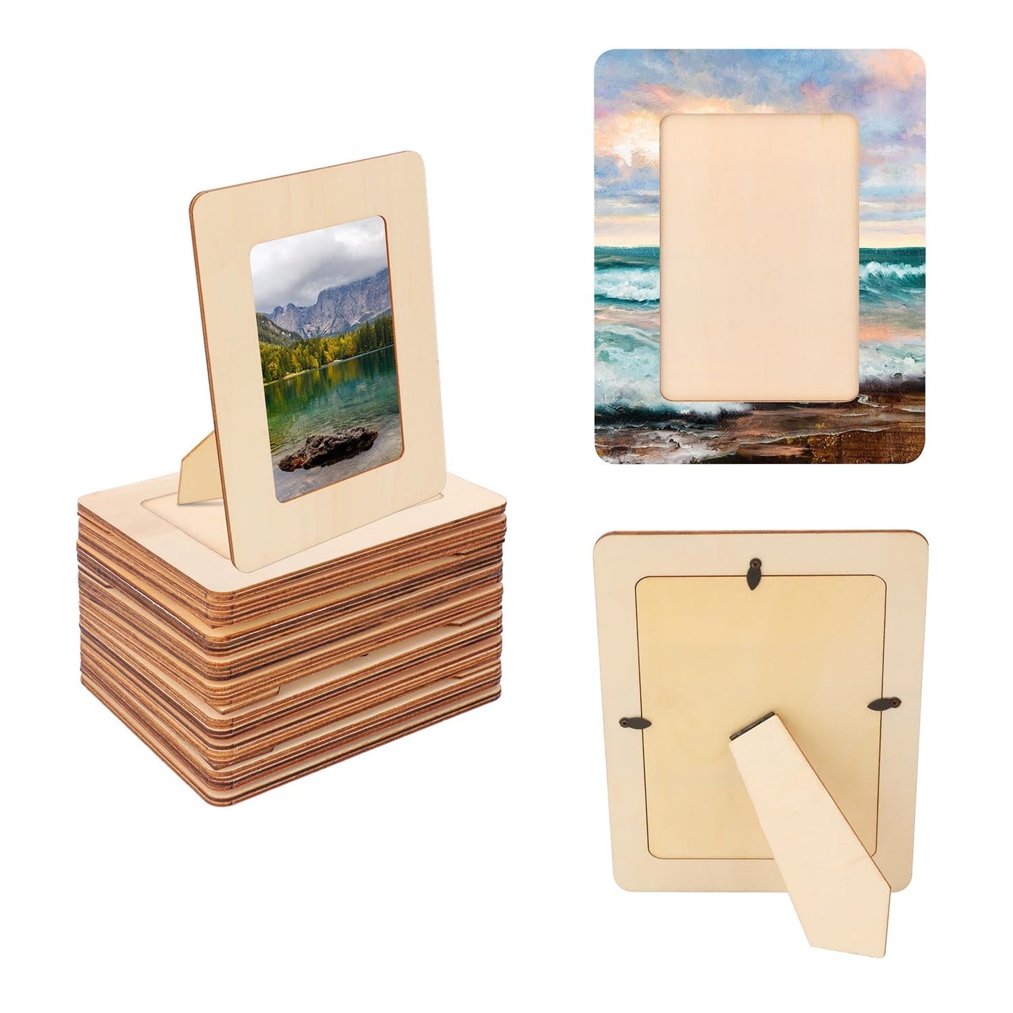 kukmakri 30 PCS Unfinished Wooden Picture Frames Set with 4.72 x 6.81 inch Photos, Wooden Frames for Crafts, Standing Postcard & Photos Picture Frame Set –Suitable for Crafts DIY, Souvenir Decoration