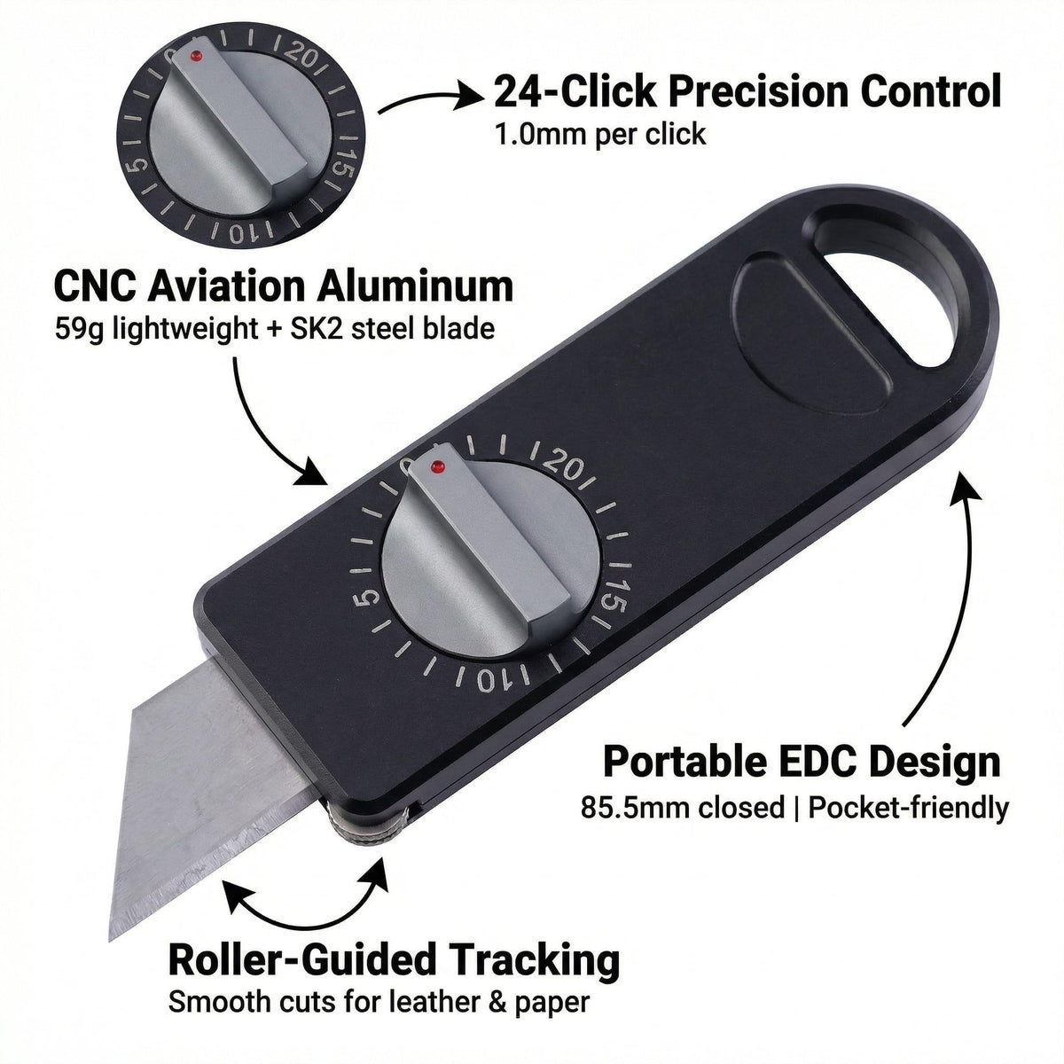 Fortedgear EDC Utility Knife with Precision Scale Knob, CNC Aviation Aluminum Box Cutter, Roller Guide Leather Craft Tool for Paper & Mailroom, Includes 10 SK2 Blades & Gift Box (Black)