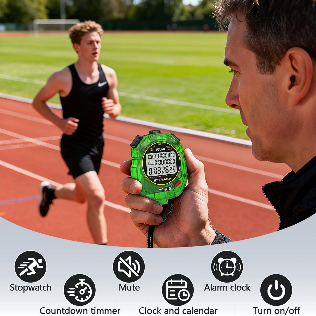 PULIVIA Stopwatch Timer 10 Splits/Laps Digital Stop Watch for Sports, Countdown Alarm Clock Date Memory Recall Large Display, Stopwatch for Coaches PE-Teacher Referee, Green