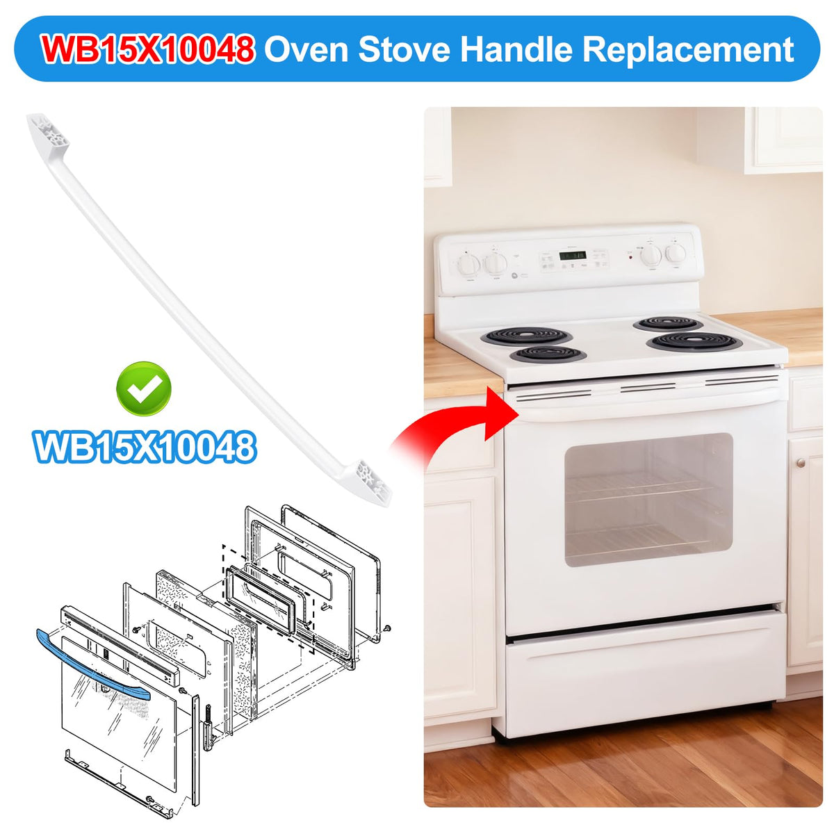 Upgraded WB15X10048 Stove/Oven Door Handle Replacement Compatible with General Electric GE Oven Handle Replacement,White Replacement Handle for Ge Profile Double Oven Parts with Screws