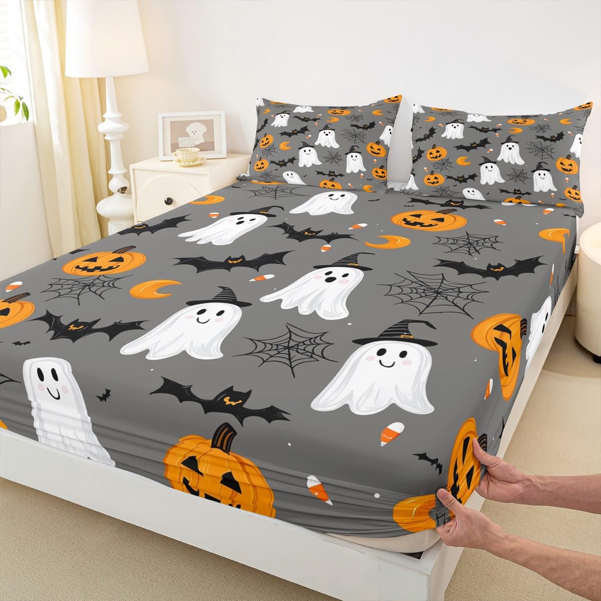 Feelyou Happy Halloween Bed Sheets Set Queen Size Cute Ghost Bedding for Kids Teens Pumpkin Lantern Bat Spider Cobweb Spooky Sheet with 16 Inch Deep Pockets Room Decor with 2 Pillow Case Soft 4Pcs