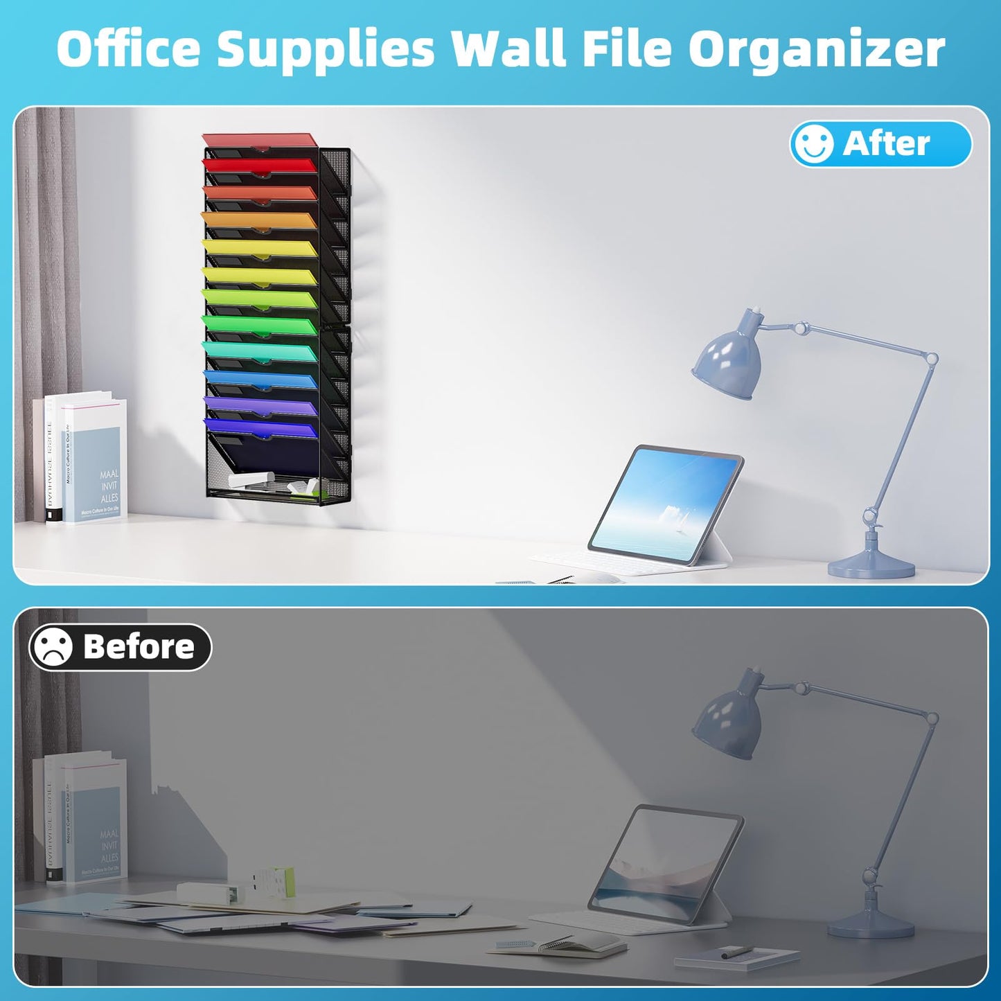 Marbrasse Wall File Holder 13-Tier Hanging Wall File Organizer, for Papers, Files Clipboard & Magazine Organizer, Wall Mount File Holder Great for Office Home (Black)