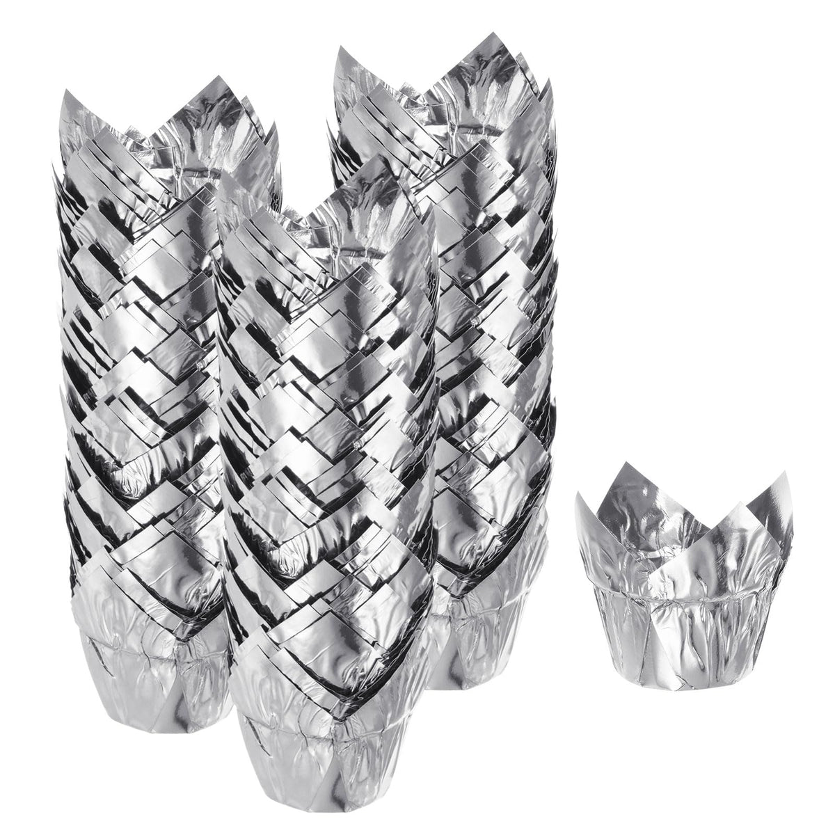 HARFINGTON 150Pcs Tulip Cupcake Liners Standard Aluminum Foil Baking Cups Greaseproof Wrappers Disposable for Birthday Banquets Party, Silver Tone