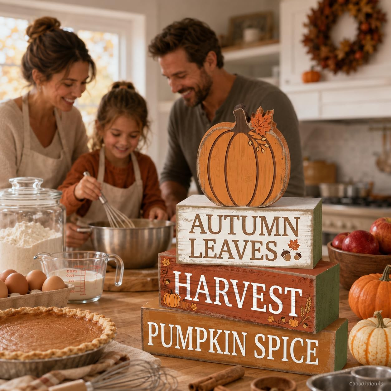 4 Pcs Fall Table Decor, Farmhouse Stacked Wooden Block Signs with Pumpkin Accents, Rustic Thanksgiving Tiered Tray Decorations, Autumn Harvest Tabletop Centerpiece for Home Kitchen Party