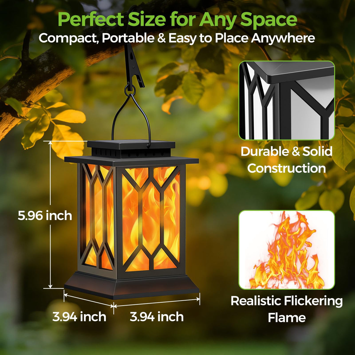 BOBKID 2 Pack Solar Lanterns Outdoor Waterproof, Flickering Flame Outdoor Lights, Hanging Solar Lantern Lamps Decorative, Solar Powered Lighting for Outside Garden Yard Patio Path Tree Decor