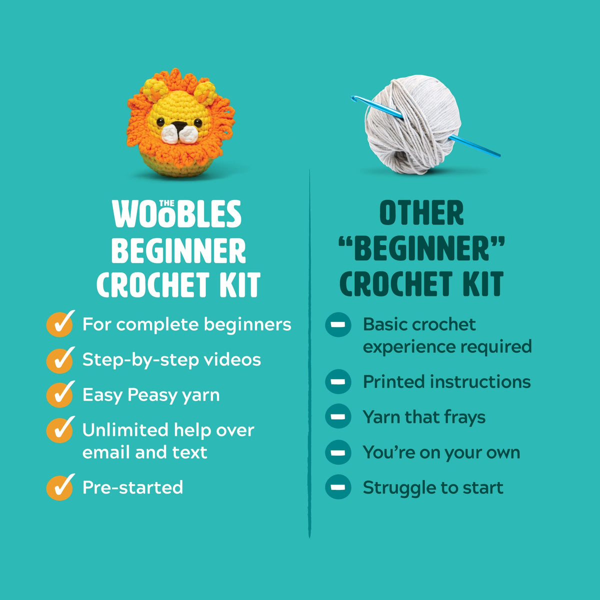 The Woobles Crochet Kit for Beginners - Easy Arts and Crafts Knitting & Crochet Animals Kit All in One Bundle As Seen On Shark Tank - (Penguin,Chick,Fox & Bunny) with Easy Peasy Yarn