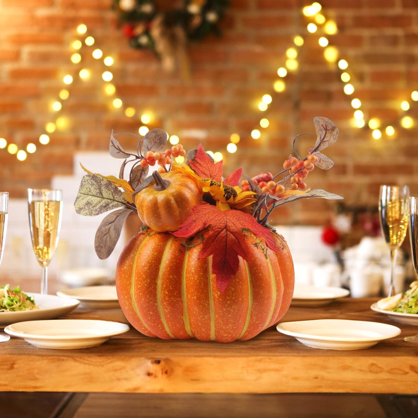 12 Inch Artificial Pumpkins Large Fake Pumpkin Decor Plastic Pumpkins Decorative with Sunflower Maple Leaf Berries Faux Pumpkin for Decorating Fall Harvest Thanksgiving Tables Centerpieces Decor