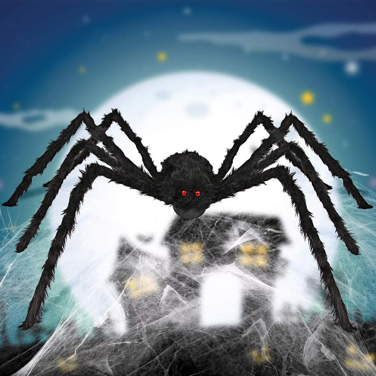 JAMIEWIN Giant Spider for Halloween Decoration 2 Pack, 55 inch Large Hairy Fake Spider Props, Scary Halloween Spider Decoration Outdoor Indoor House Party Yard