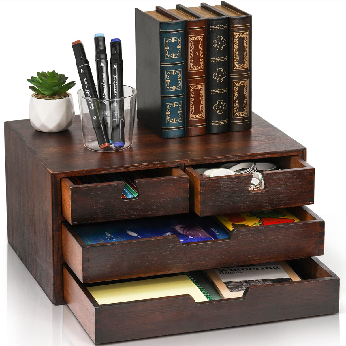 DEAYOU Bamboo Desk Organizer, 100% Natural Bamboo Desktop Drawer Organizer, Dark Brown Tabletop Storage Cabinet Organization Box with 4 Drawer for Makeup, Letter, Home, 3 Layer, Fully Assemble