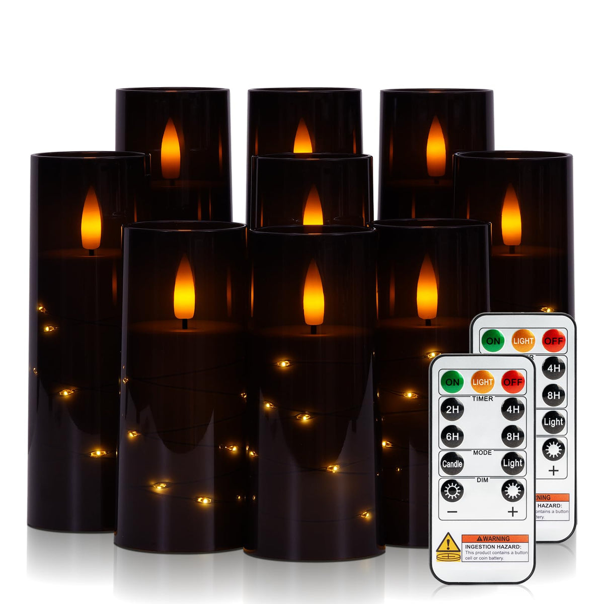 Raycare Flameless Candle with Remote Timer – 9 Flickering Acrylic Battery Operated LED Pillar Candles with Embedded Star String for Halloween, Home Decor, and as a Gift (Black)
