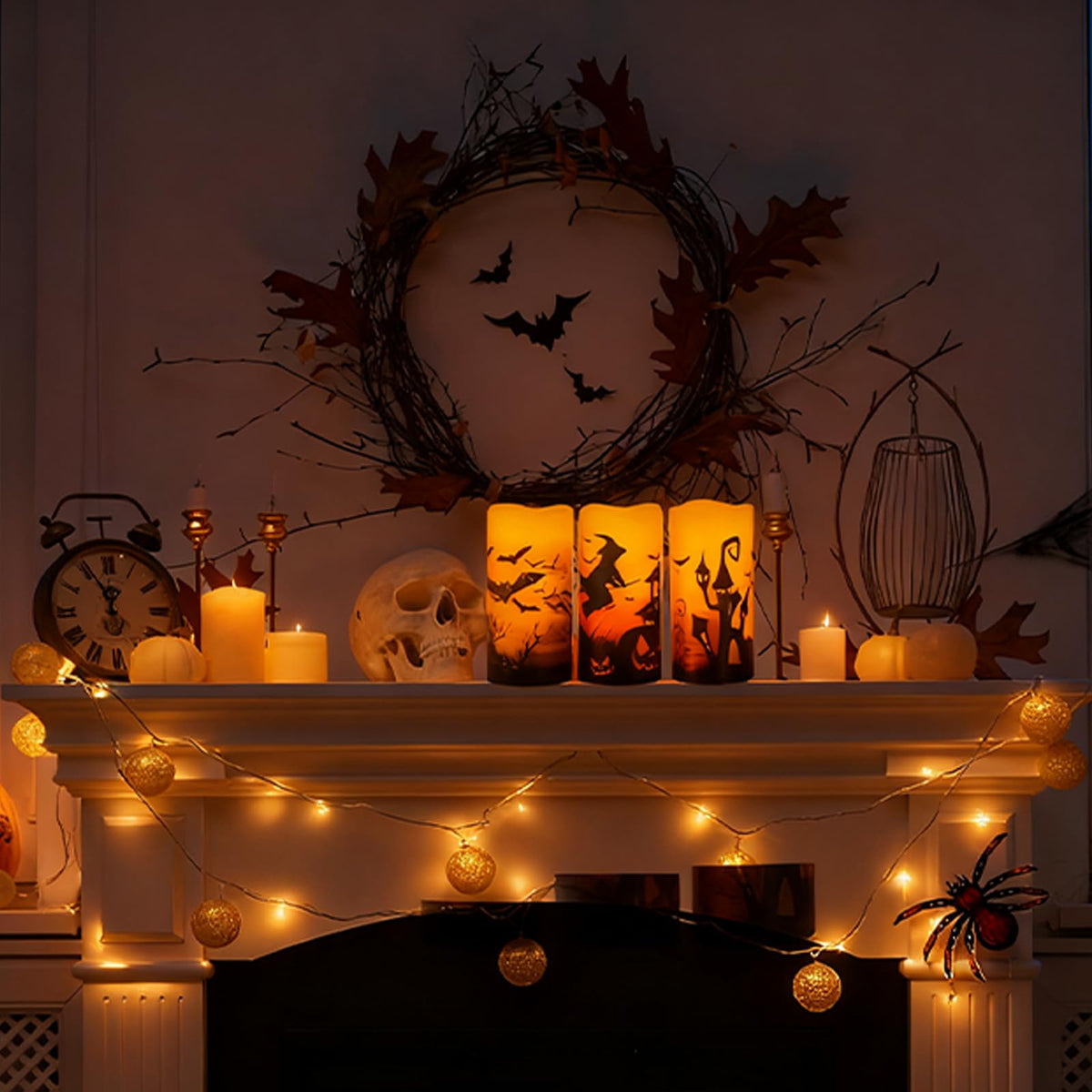 Hbaushun Halloween Flameless Candles 3 Pack with 6 Hour Timer,Battery Operated Real Wax LED Pillar Flickering Candles Warm Light with Castle, Witch, Bats Decal Halloween Decorations Candles