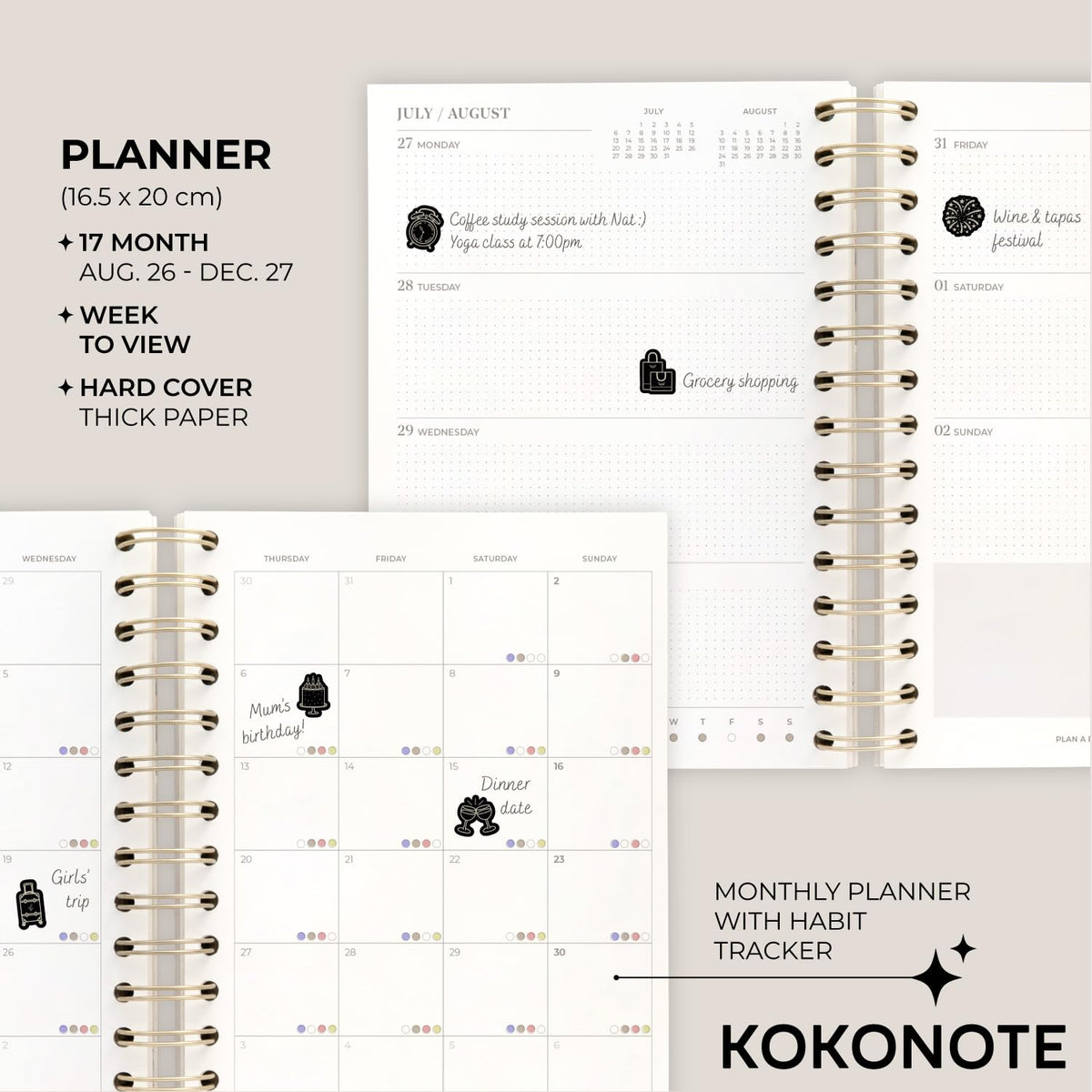 KOKONOTE Planner 2026-2027 Van Gogh - Planner for Women 17 Month (Aug 26/ Dec 27) | Weekly & Monthly Academic Planner 2026-2027 | 6.4" x 7.9" | Hardcover Agenda 2026 | Thick paper 120 g/m²