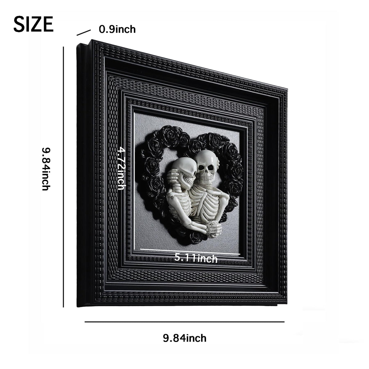 Skeleton Couple Hugging 3d Wall Sculpture Love Never Dies Black Wedding Roses Heart Wreath with Black Framed for Home Decor Accents, Living Room, Entryway Wall Art, Gothic Wall Decor