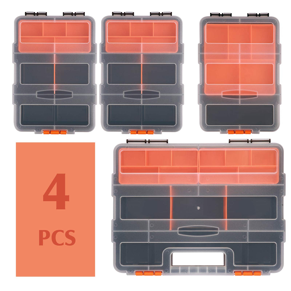 MIXPOWER 4 Piece Set Toolbox Hardware & Parts Organizers, Versatile and Durable Storage, Customizable Removable Plastic Dividers, storage and carry, Black/Orange