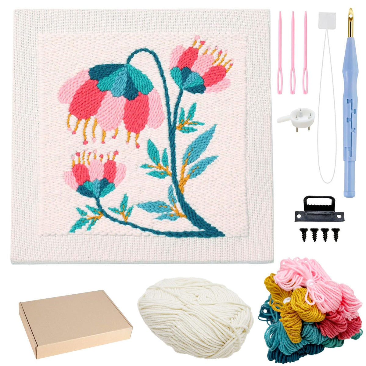 Allazone Punch Needle Kit Frame, Punch Needle Embroidery Kits, Square Punch Needle Fabric with Flower Pattern, Hoop, Yarns, Punch Needle (Beige and Pink)