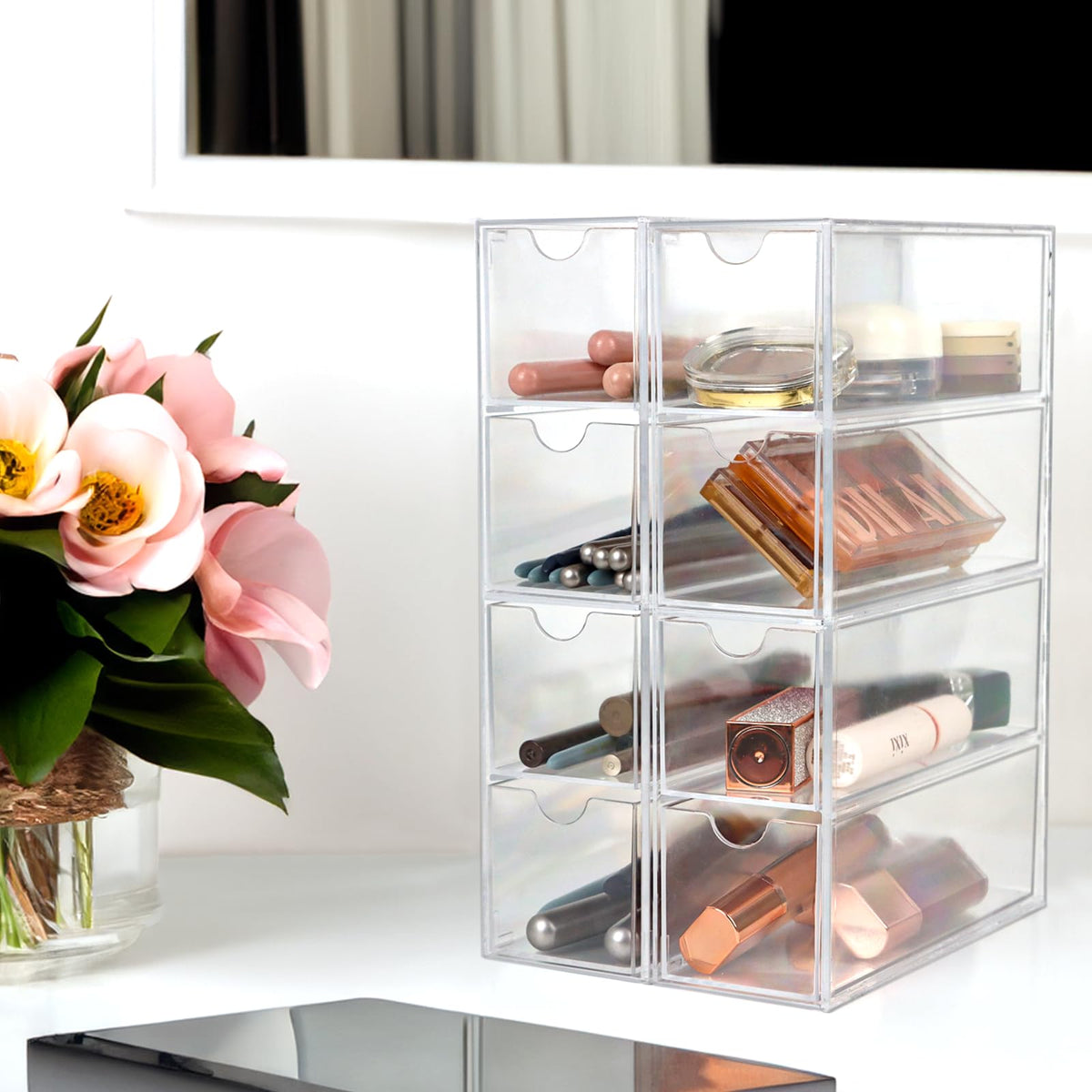 ZEXALOR Clear Desk Organizer Storage with 12 Drawers, Desktop Organizers, Bathroom Office Supplies, Plastic Storage Drawer for Makeup, Jewelry, Pen, Stationary, Hair Accessories, Sunglass (12-Drawer)