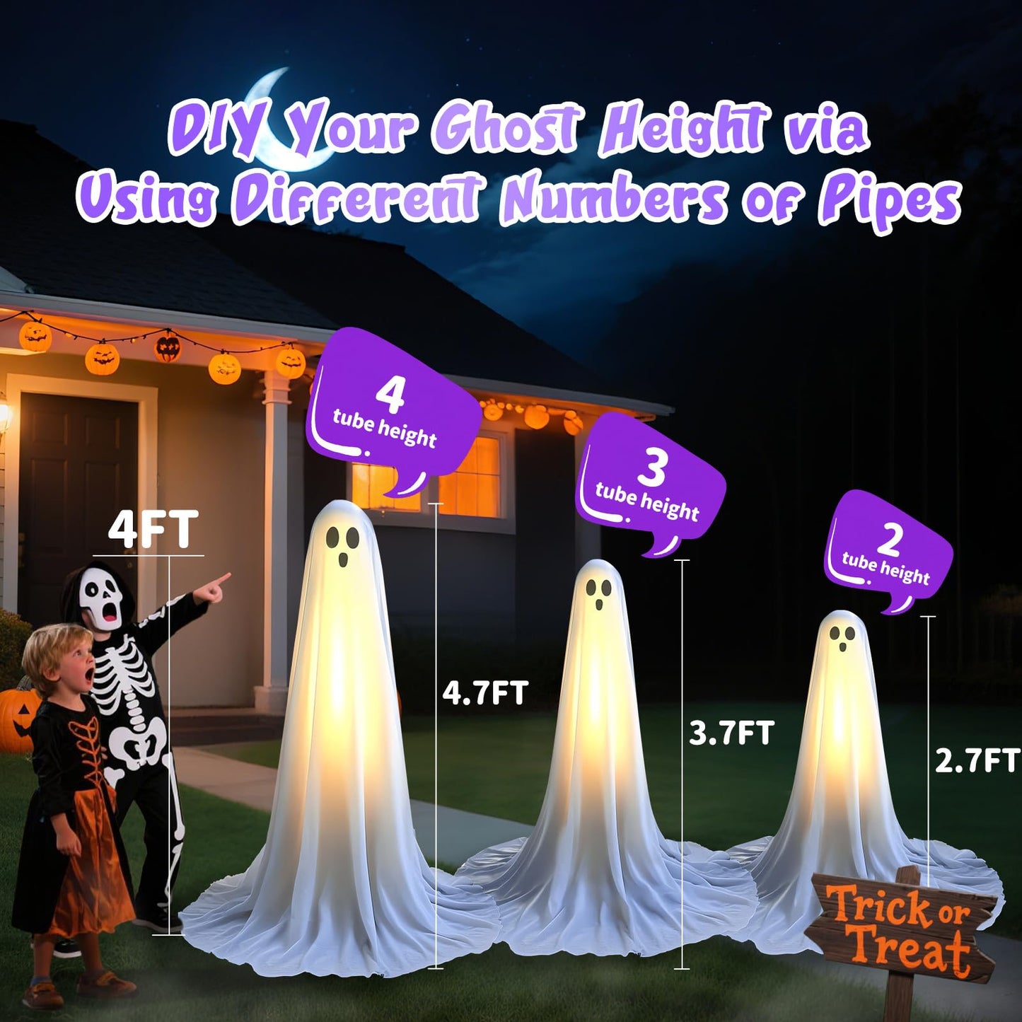 Evoio Halloween Decorations Outdoor 2 Packs 57'' Standing Ghost Adjustable Height, Light Up Spooky Halloween Decor with Built-in LED, Indoor Outside Yard Porch Lawn Party Supplies Decors