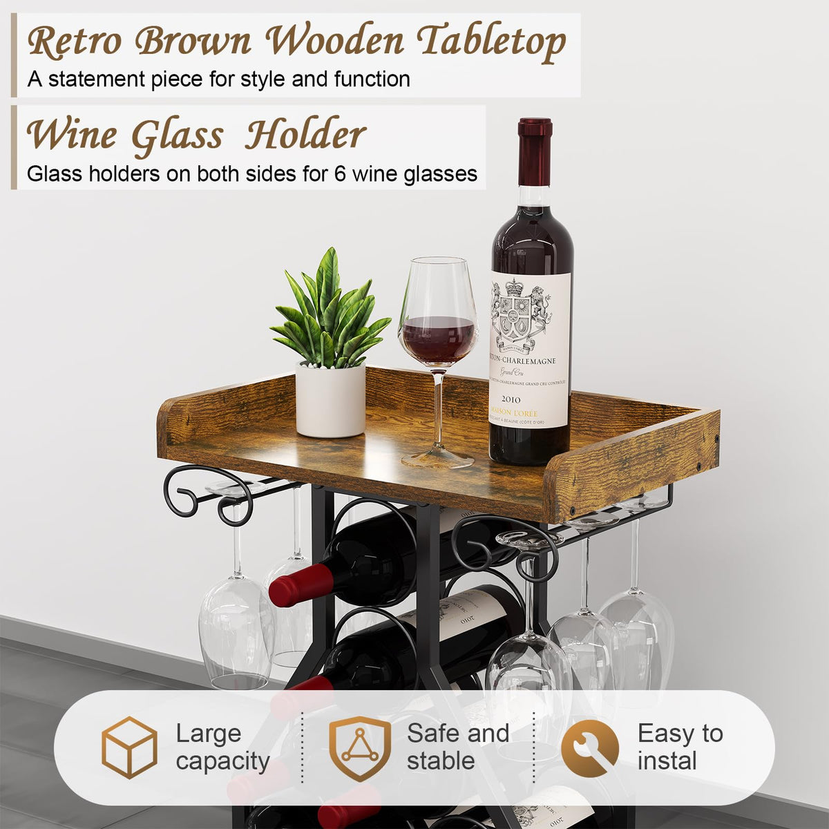 X-cosrack Wine Rack Freestanding Floor, Wine Storage Rack Mini Bar Table with Tabletop, Glass Holder Wine Bottle Display Stand Liquor Cabinet for Home Bar Kitchen Living Room