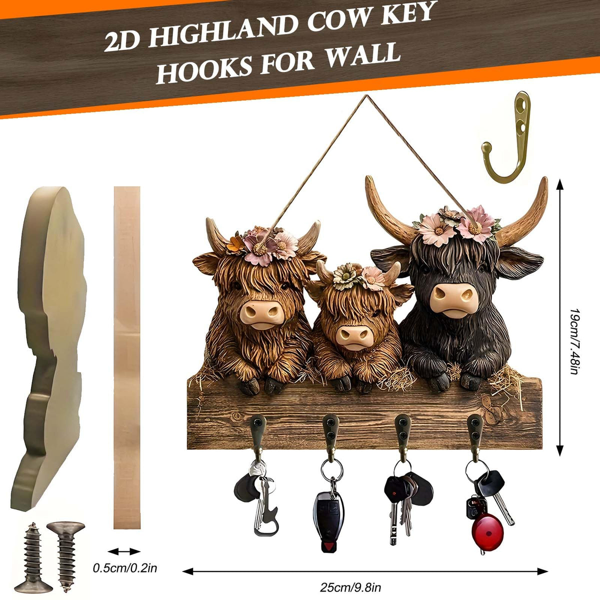 Dexprosy 2D Highland Cow Key Hooks for Wall - Wooden Key Holder and Organizer with Flat Design for Home, Office, or Garage Decor