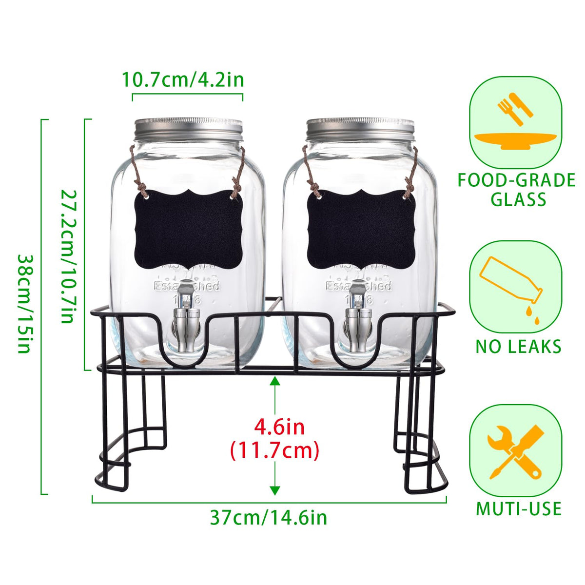 Galssmagic 1 Gallon Drink Dispenser with Stand,2 Pack Beverage Dispenser with Stand,Glass Water Juice Dispensers Punch Bowl for Parties