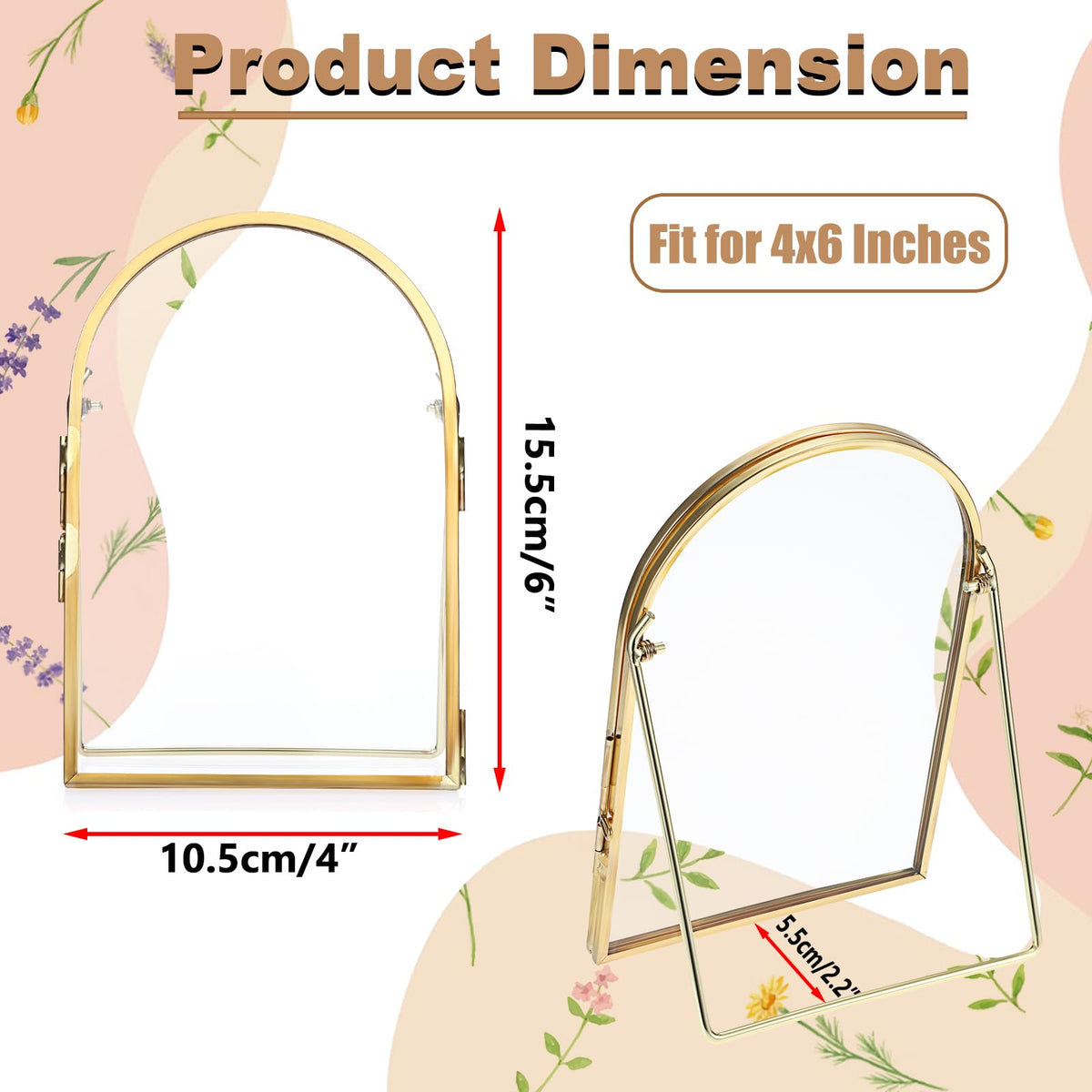 OGANAZI 4x6 Inch Double Glass Pressed Flower Frame - Golden Floating Frames for Dried Flowers, Art, Photos | Vintage Pressed Flower Frame Tabletop Display Holder for Home Plant Specimen (Half Circular)