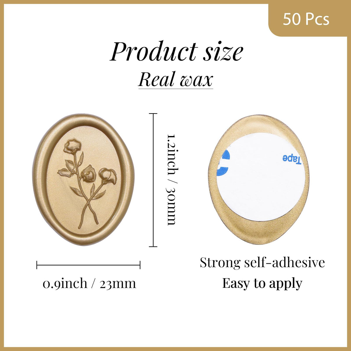 UNIQOOO Wax Seal Stickers - 3D Flower Oval Shape Wedding Invitation Envelope Seal Stickers, 50 Pcs Self- Adhesive Prosecco Metallic Light Gold Sticker, Perfect for Invitation, Christmas, Gift