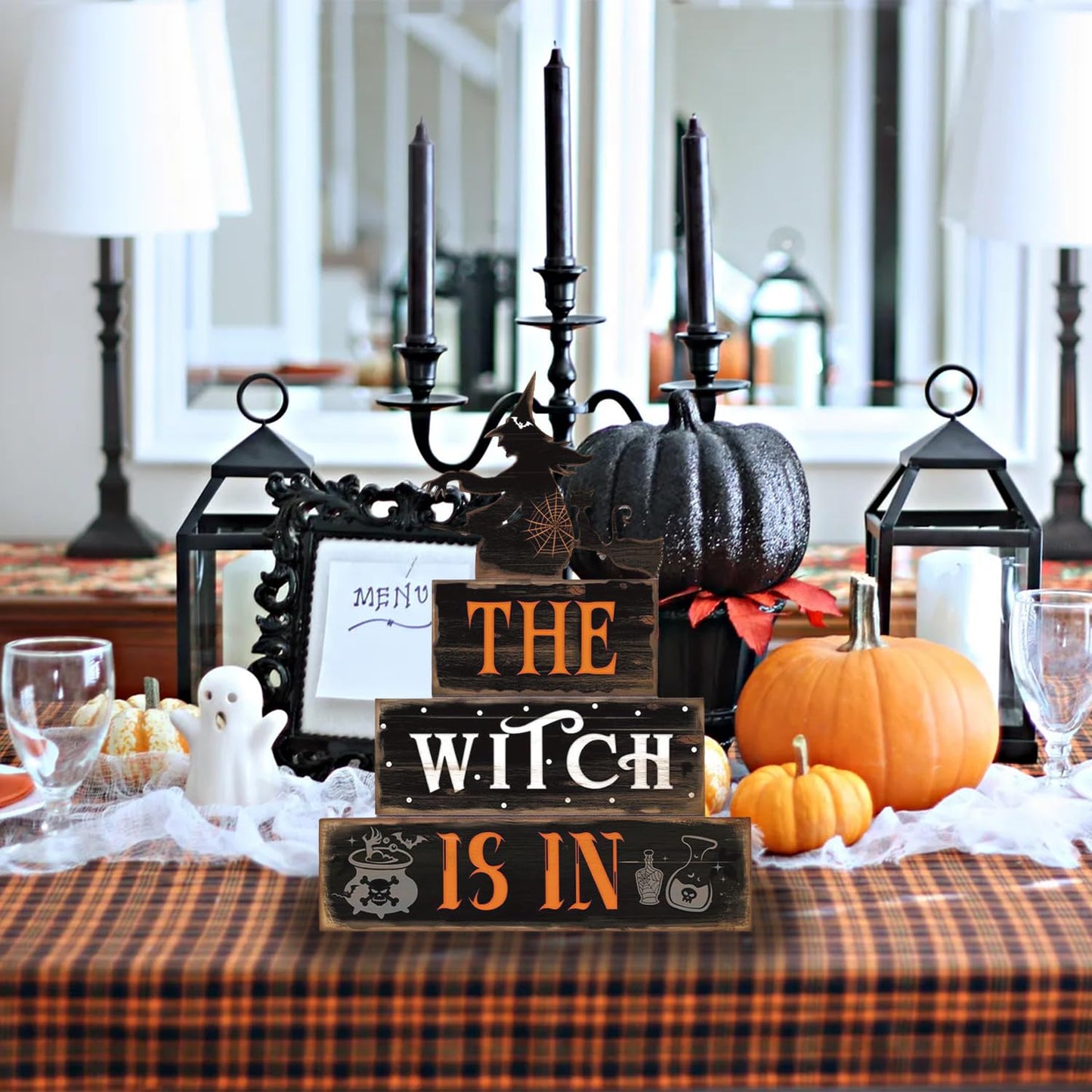 Halloween Decor Indoor - Rustic Wooden Witch Signs Home Decorations for Farmhouse Kitchen, Shelf, Living Room, Tabletop Decorations, Suitable for Fall Party Table Centerpiece