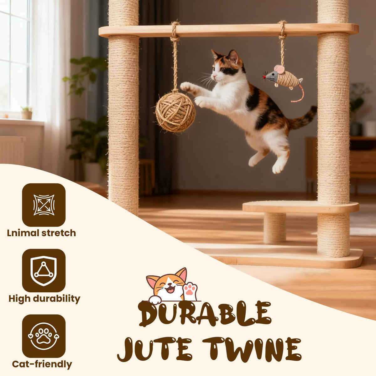 Natural Jute Twine 6mm x 328ft, 4Ply Twisted Heavy Duty Rope Roll for Gardening, Crafting, Bundling, Cat Scratching Post, Home Decor, Christmas Decorations