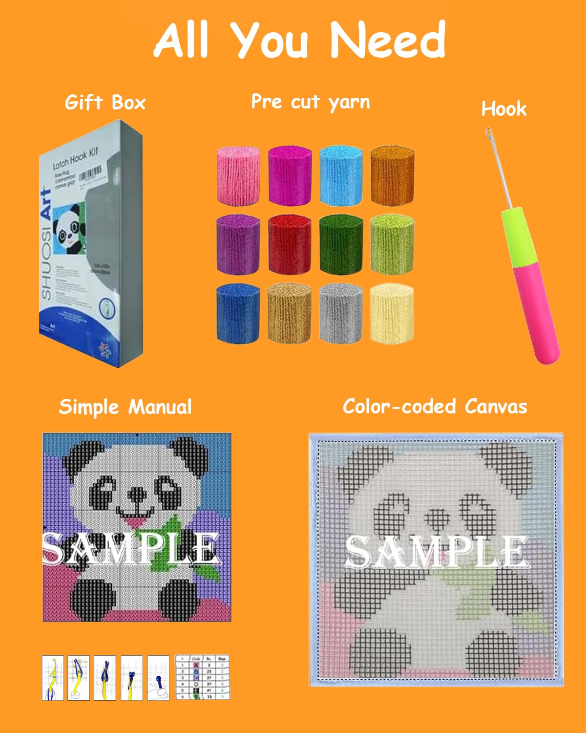 Manzapu Latch Hook Kits for Adults Beginner, 12x12 inch - 30x30 cm Cute Small Shaggy Rug Making Kits with Pre-Cut Yarn, Coded Canvas ＆ Crochet Hook Tool - Relaxing DIY Craft Gift