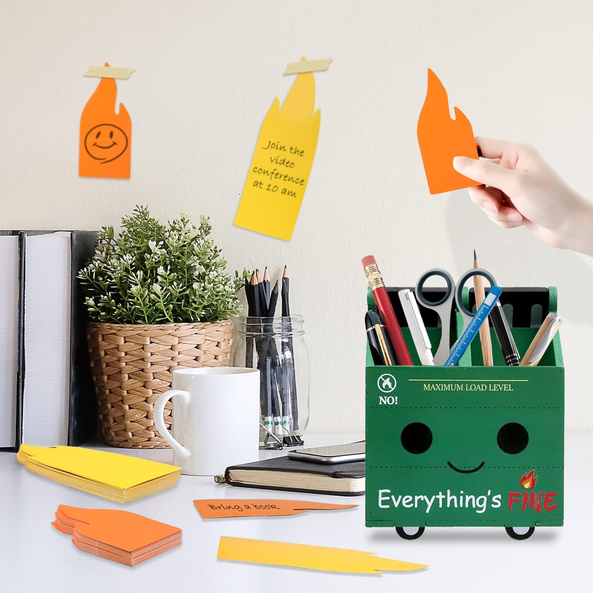 PUNICA Dumpster Fire Pencil Holder with 100 Pcs Flame Note Cards, Funny Office Desk Accessories Decor, Great Gifts for Coworkers Teacher - Green (Already Assembled)