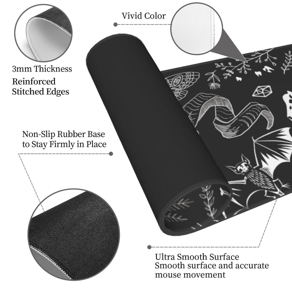 Witch Skeleton Goat Gaming Mouse Pad XL Black and White Large Extended Non Slip Rubber Base Desk Mat Stitched Edge Keyboard Mat 31.5x11.8 Inch