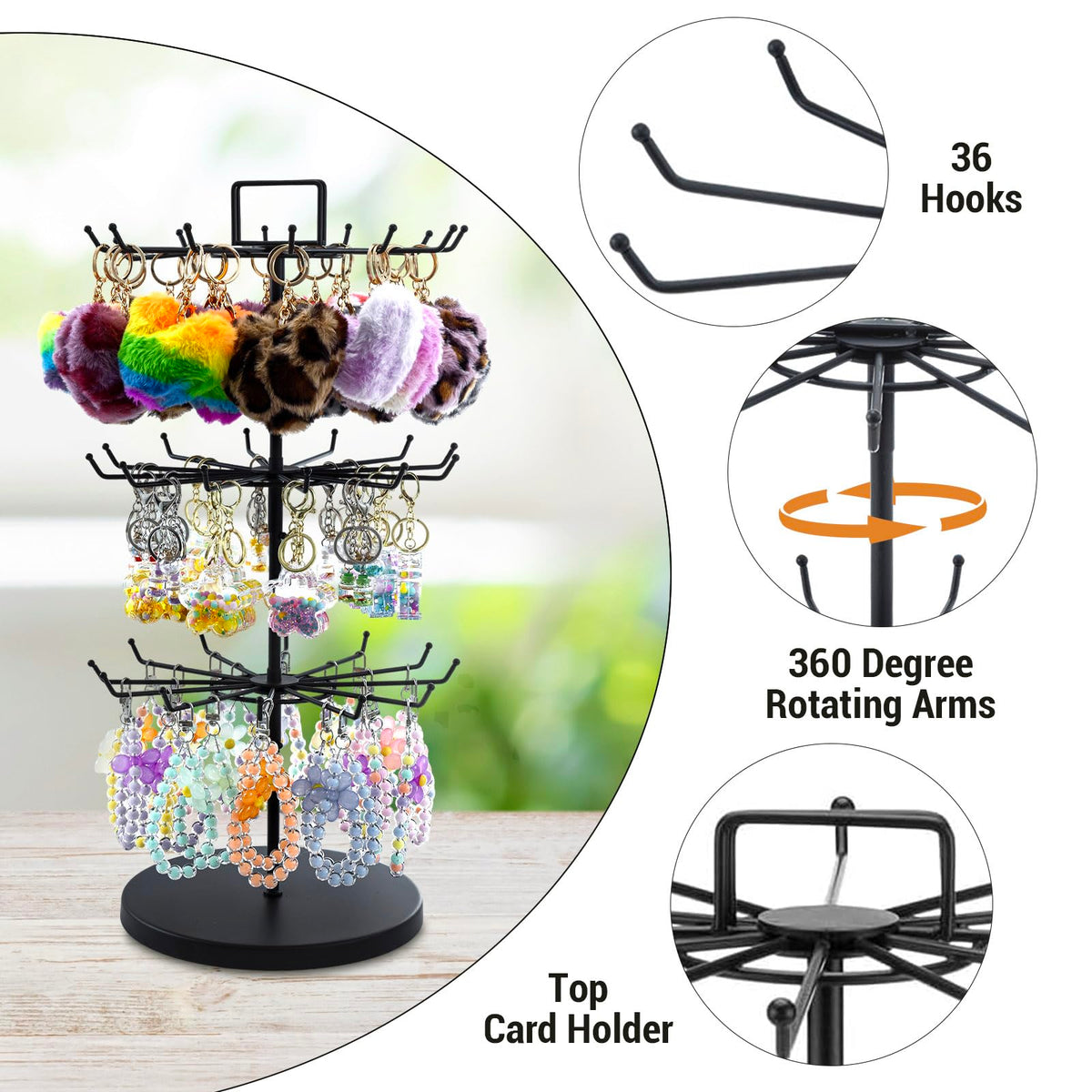 MyGift 3-Tier Matte Black Metal Jewelry Tree Display Stand – 360 Rotating Necklace & Bracelet Organizer Tower with 36 Hooks and Top Sign Holder