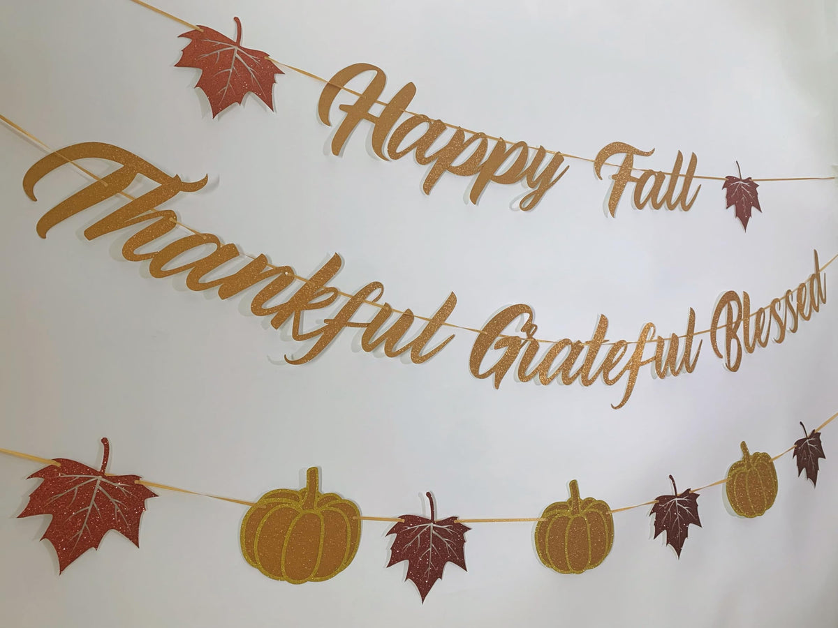Tinbax Fall Decorations Home Thanksgiving decor - Happy Fall and Blessed Grateful Thankful Banner with Pumpkin Maple Leaves Sign Garland Banner(Pre-Strung)