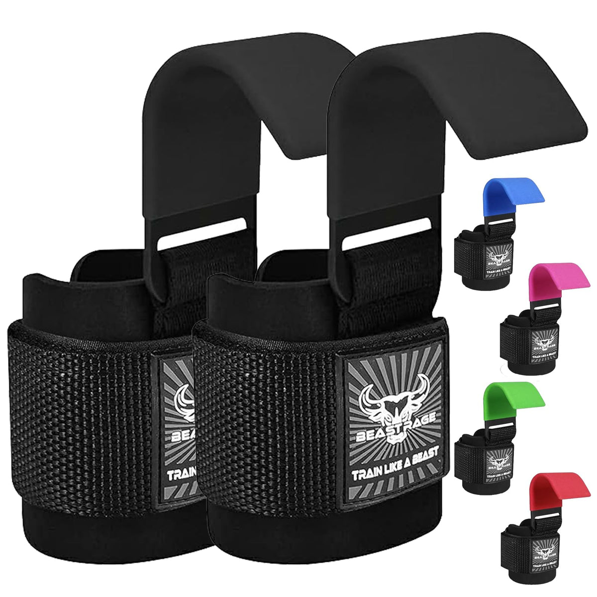 BEAST RAGE Workout Hooks for Men, Durable Coated Grip Gym Straps for Weightlifting Wrist Wraps Training Weight Lifting Strength Fitness Bodybuilding Anti Slip Women Hook Exercise (Black)