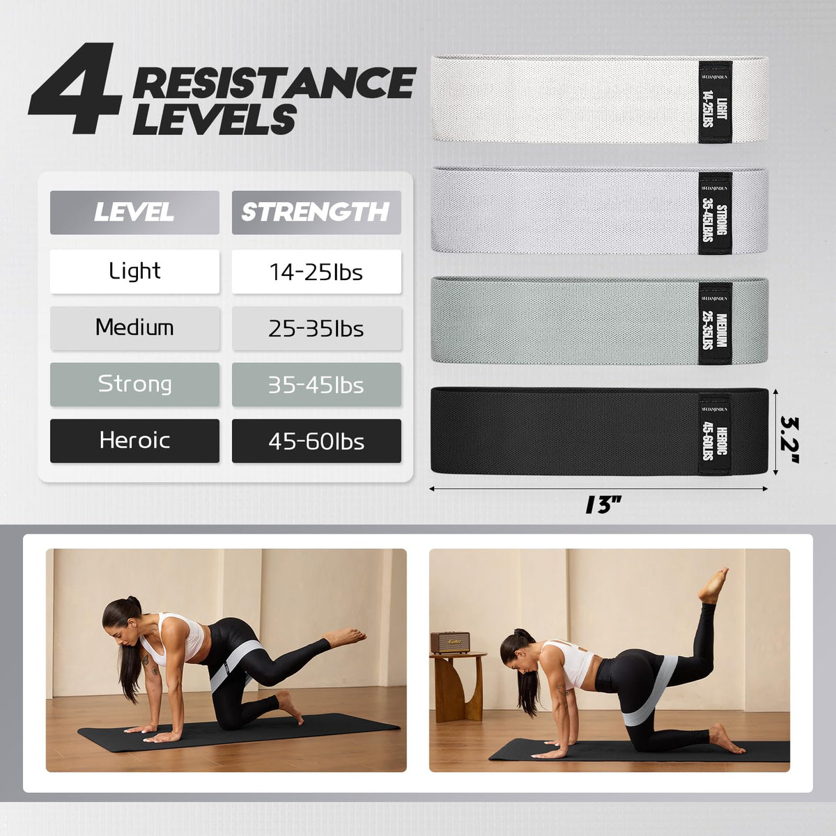 Resistance Bands for Working Out with Guide, 4 Workout Bands for Women & Men, Fabric Exercise Bands for Legs, Hip, Glute, Butt, Booty Bands Set for Yoga, Pilates, Strength (Gradient Gray)