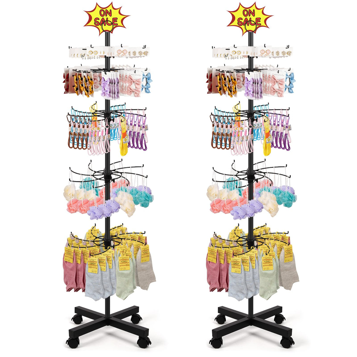 Flenpptly 2 Pack Retail Display Stand, 5-Tier Rotating Display Rack for Store Display, Movable and Adjustable Spinning Display Stand for Earrings, Jewelry, Keychains, Socks Display (2 Pack Black)